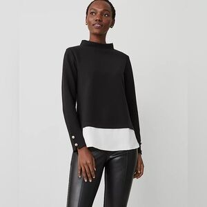 Ann Taylor Mixed Media Black Mock Neck Top NWT